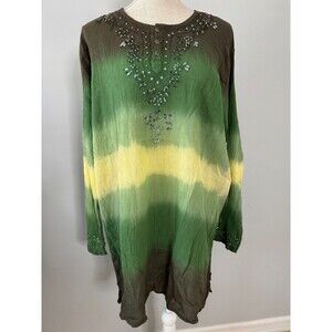 Vtg 90s Merona Tie-dye Beaded Embroidered Tunic Blouse‎ Size XL Fairy Whimsygoth